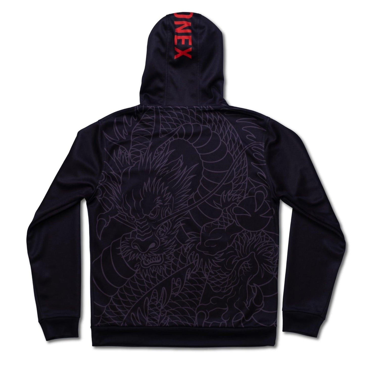 The Yonex CNY2024 Linear Dragon Unisex Tennis Hoodie in black honors Chinese New Year with an elegant dragon design on the back. It features a striking red vertical text detail on the hood, making it an ideal addition to the Yonex CNY2024 collection by harmoniously merging tradition with contemporary style.