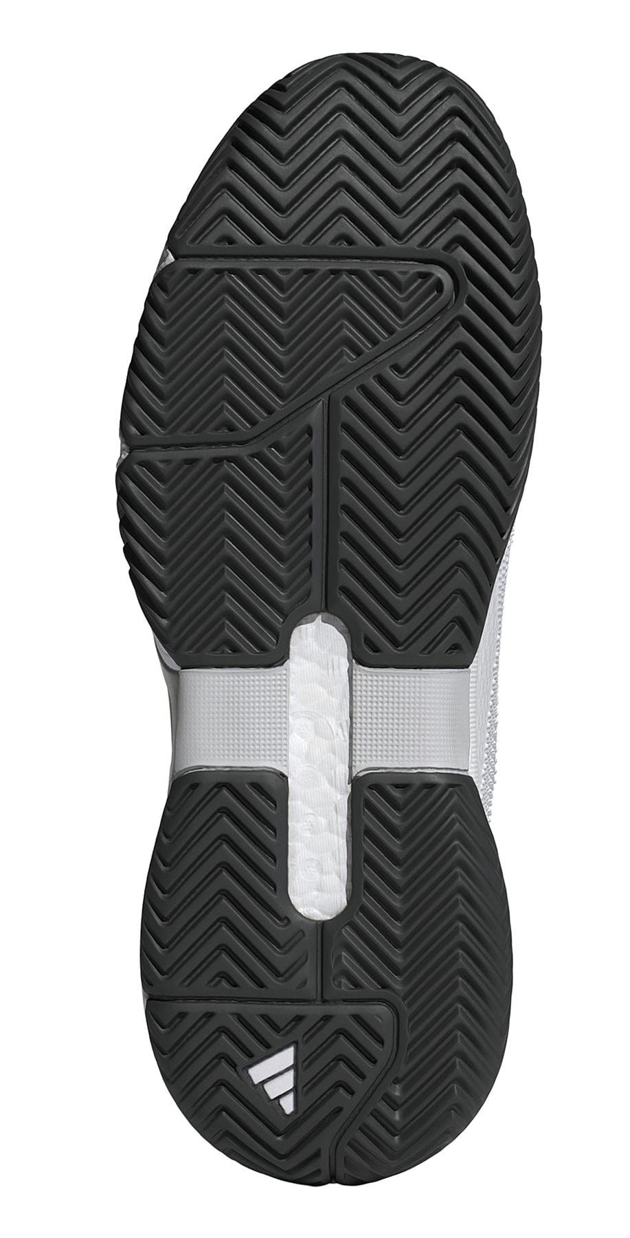 The image features the sole of ADIDAS Solematch Control 2 Men's Tennis Shoes, showcasing a sleek black and white textured zigzag pattern with the Adidas logo near the heel.
