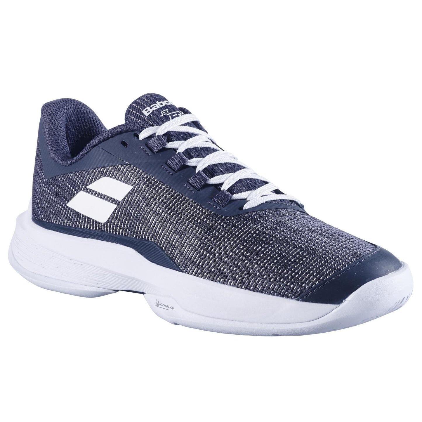 The Babolat Jet Tere 2 2024 Women's Tennis Shoes in Queen Jio Grey feature white accents and laces, a lightweight design with a textured mesh upper for comfort and stability, plus a white sole. Branding is on the tongue and side.