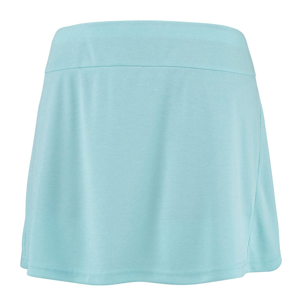 The Babolat Play Women's Tennis Skirt - Angel Blue Heather by Babolat boasts a wide waistband in a light blue shade. Made with FIBERDRY fabric, it provides a smooth, slightly stretchy feel ideal for both sports and casual wear. With the added benefit of 360 MOTION technology, the skirt is highlighted against a plain, white background.