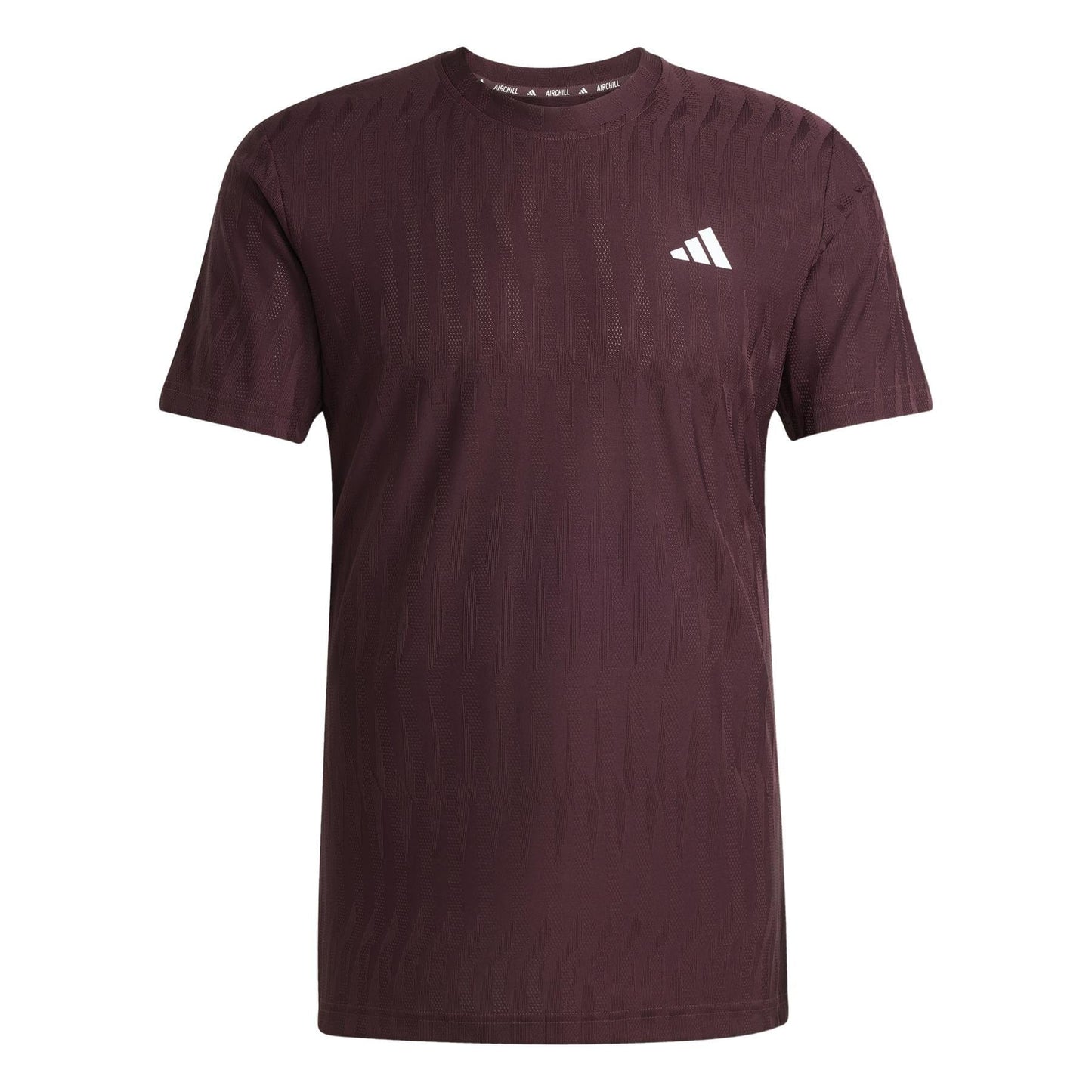 The ADIDAS Men's Climacool+ Freelift Tennis T-Shirt in Ruby offers style and sustainability with its recycled materials. Featuring a wavy pattern, crew neckline, short sleeves, and a small white chest logo, it ensures easy movement for athletic wear.