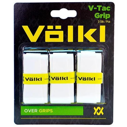 The Volkl V-Tac Tennis Overgrip - 3 Pack - White from Volkl contains three ultra-thin, white overgrips prominently displaying yellow branding. The packaging is designed with black and green text and highlights the iconic Volkl logo at the bottom, guaranteeing excellent tackiness for enhanced performance in every game.