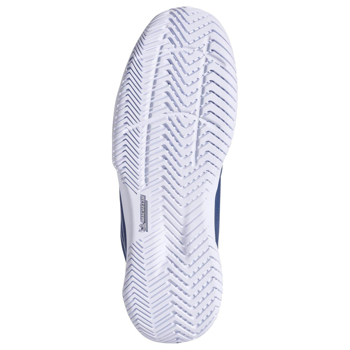 The image displays the sole of a Babolat SFX EVO All Court 2025 Men's Tennis Shoe in Dark Grey/White, showcasing a herringbone tread pattern. A small Michelin logo is centered on the sole, emphasizing its durable Michelin Original rubber design.