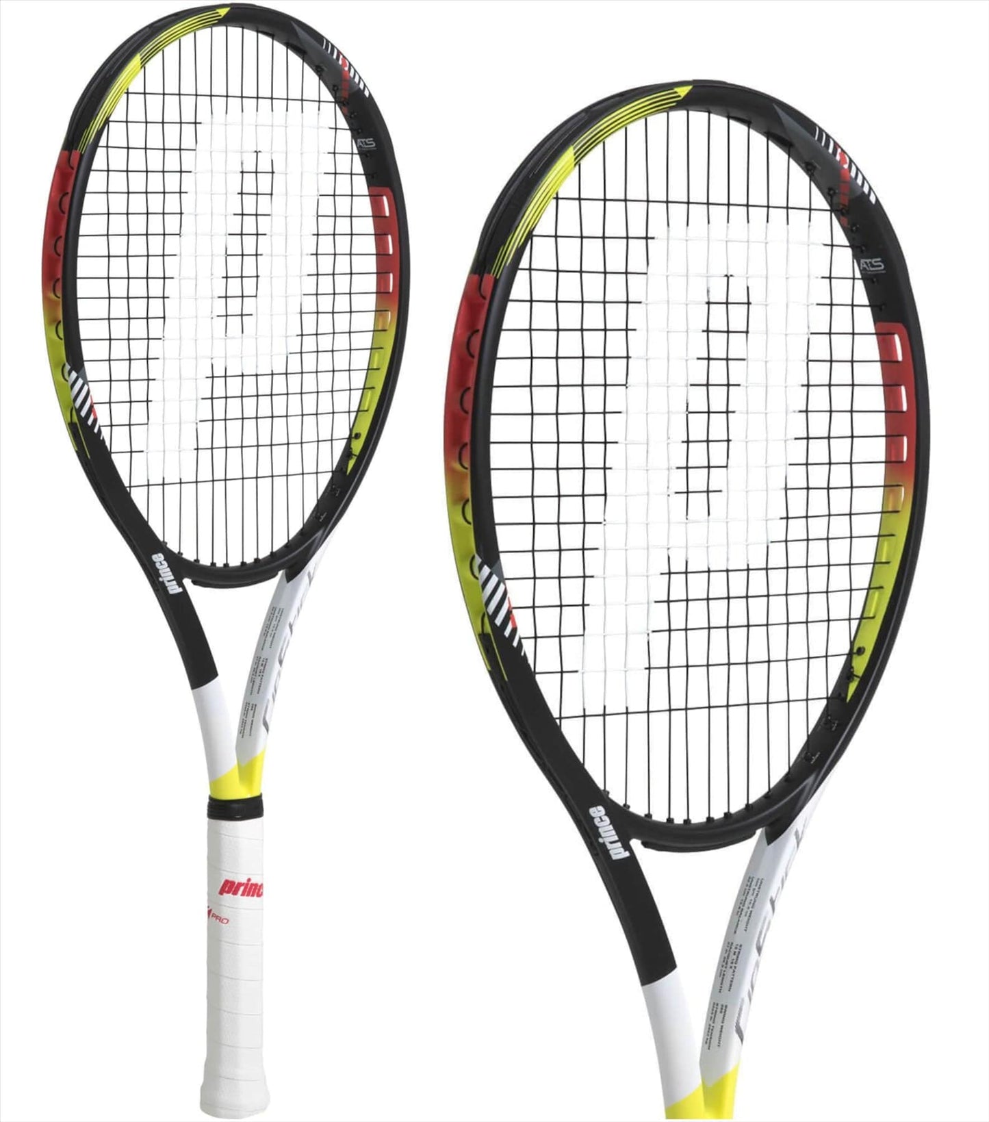 Two sleek Prince Ripstick 100 300g tennis rackets, featuring frames in black, red, and yellow with TeXtreme technology and a prominent "P" logo at their center, stand upright against a white background. The white grip tape on the handles adds to their readiness to elevate your game.