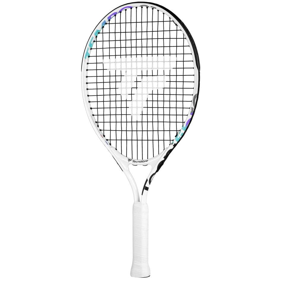 Introducing the Tecnifibre Tempo 21 Junior Tennis Racket in white, perfect for young players. This racket boasts a sleek black and purple design on the frame. The strings feature an elegant geometric pattern with a centrally placed Tecnifibre logo, and it comes with a comfortable white grip.