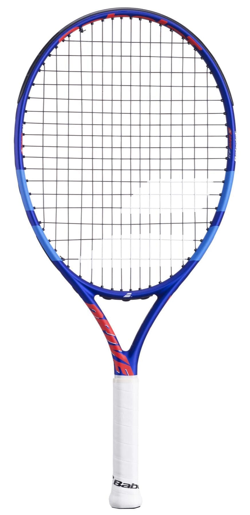 The Babolat Drive Junior 23 Tennis Racket - Blue, by Babolat, is ideal for young intermediate players. It features a sleek design with a blue and red frame and white grip, offering both style and precision on the court.