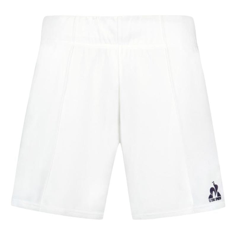 The Le Coq Sportif Pro Men's Tennis Shorts in Optical White are crafted from breathable material with an elastic waistband. They feature a signature blue bird logo on the lower left side, designed to provide optimal movement, making them perfect for sports or casual wear.