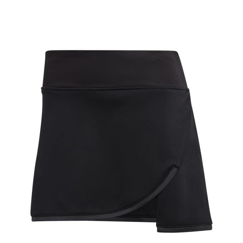 The ADIDAS Womens Club Tennis Skirt - Black seamlessly blends fashion and function, showcasing AEROREADY fabric and a comfortable wide waistband. This athletic skirt is designed with an asymmetrical wrap style, complete with a curved hemline and a high waistband for a sleek, slightly shiny look.