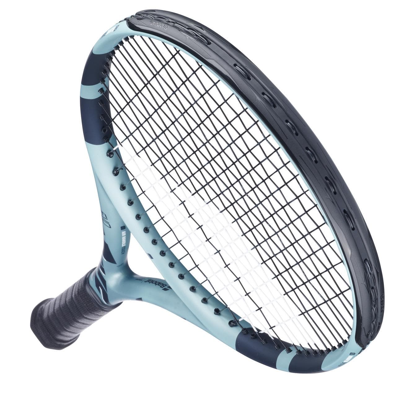 A close-up of the Babolat EVO Drive Tour Gen 2 tennis racket reveals its blue frame, black strings, and dark-textured grip for a secure hold. Dark accents add style to its design as the racket lies diagonally on a white background.