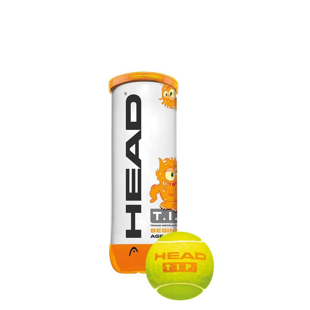 Displayed is the HEAD TIP Tennis Balls (3 Ball Tube) - Orange, crafted for beginners and ideal for an ITF mid orange court. The canister is white adorned with vibrant orange and yellow designs, along with playful monster illustrations. In front of it lies a yellow kids' tennis ball with red text.
