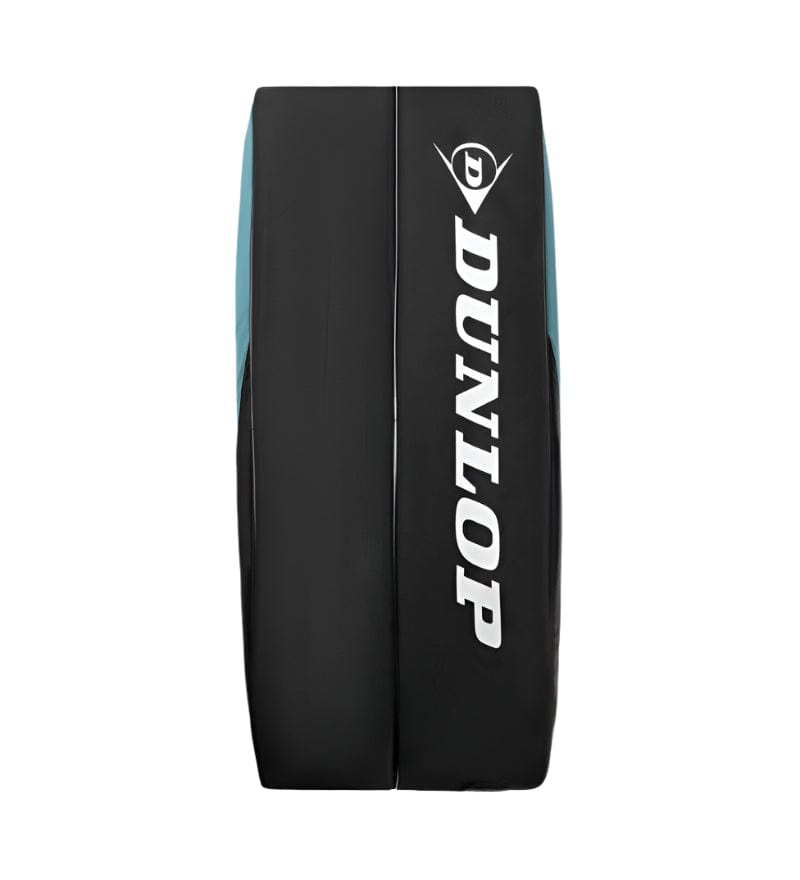 The Dunlop SX Club 10 Racket Tennis Bag in teal, black, and yellow has white logo accents, padded backpack straps, and a sleek design for carrying tennis gear. The stylish bag is shown against a plain white background.