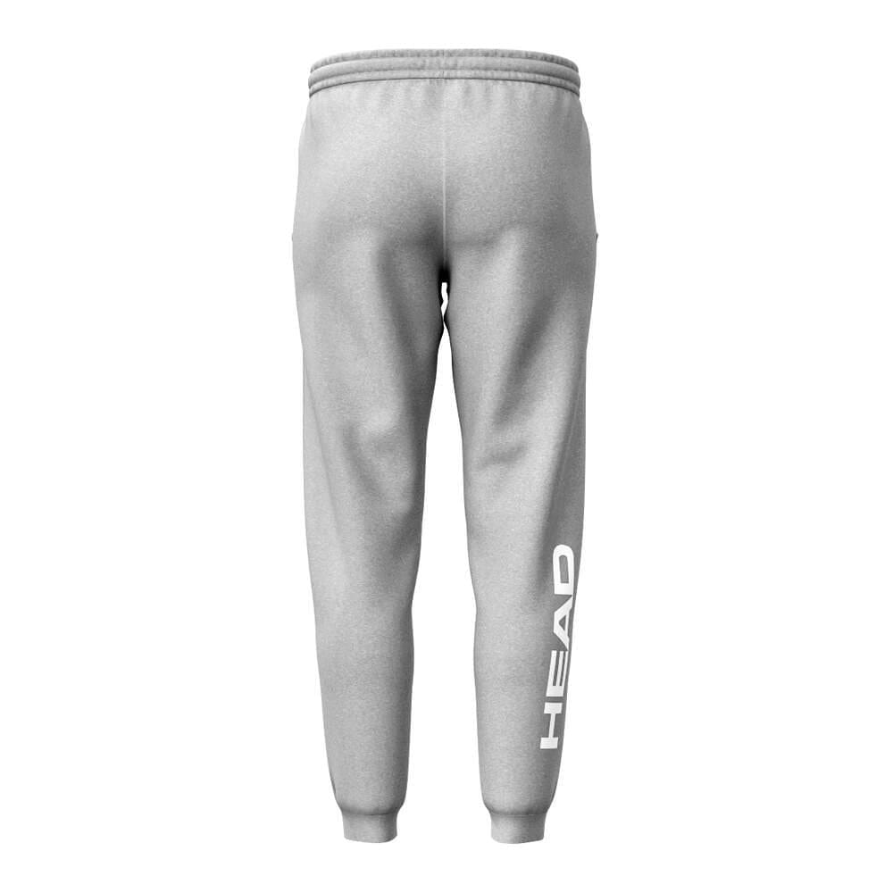 Back view of HEAD Club Original Mens Tennis Pants - Grey by HEAD, in soft French terry with an elastic waistband, cuffed ankles, and large white "HEAD" print on the lower right leg.