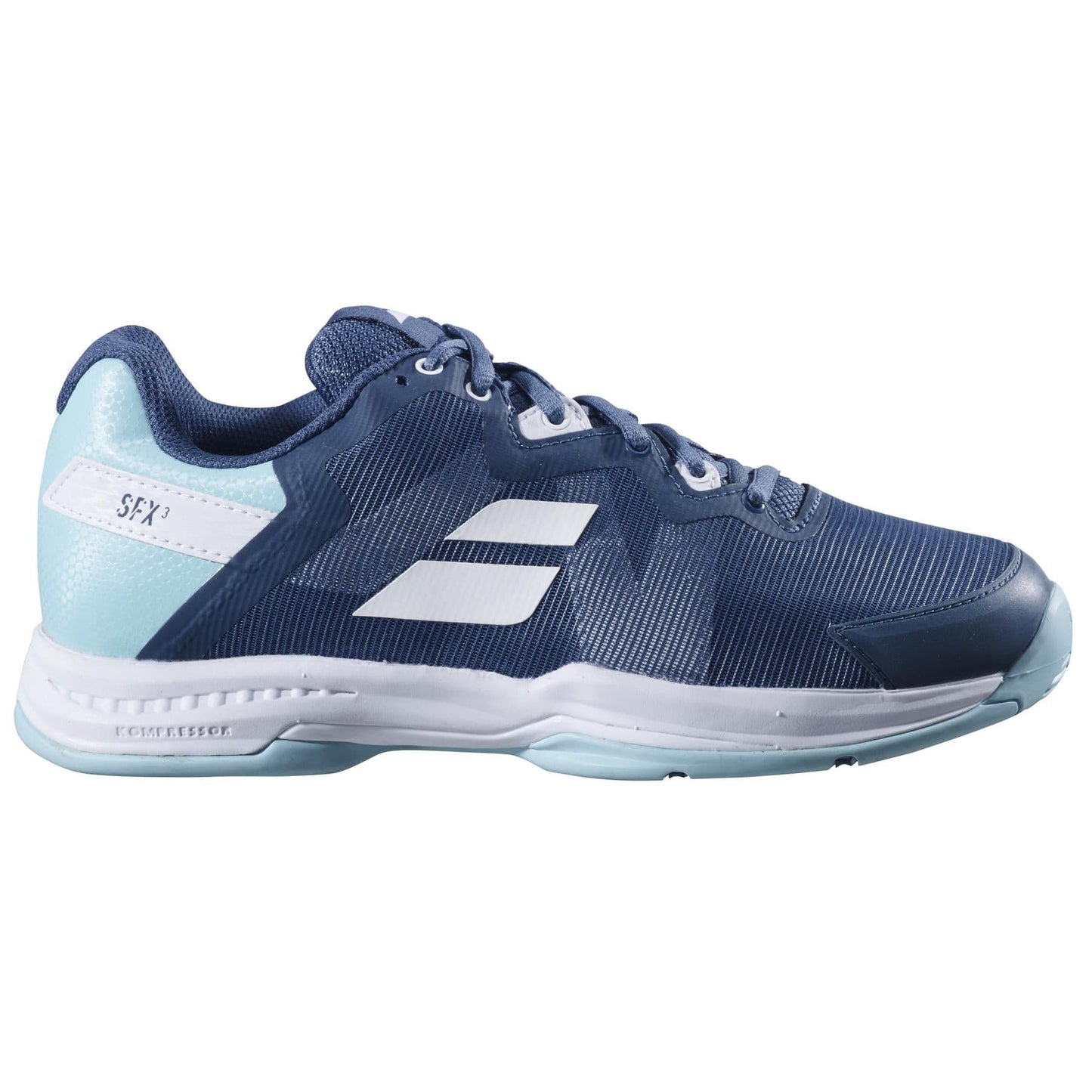 The Babolat SFX3 All Court Women's Tennis Shoes in Deep Dive/Blue showcase a blue and white athletic design with light blue accents, featuring a textured surface and lace-up styling. They are equipped with the durable Michelin Premium Tennis Sole, ideal for sports activities.