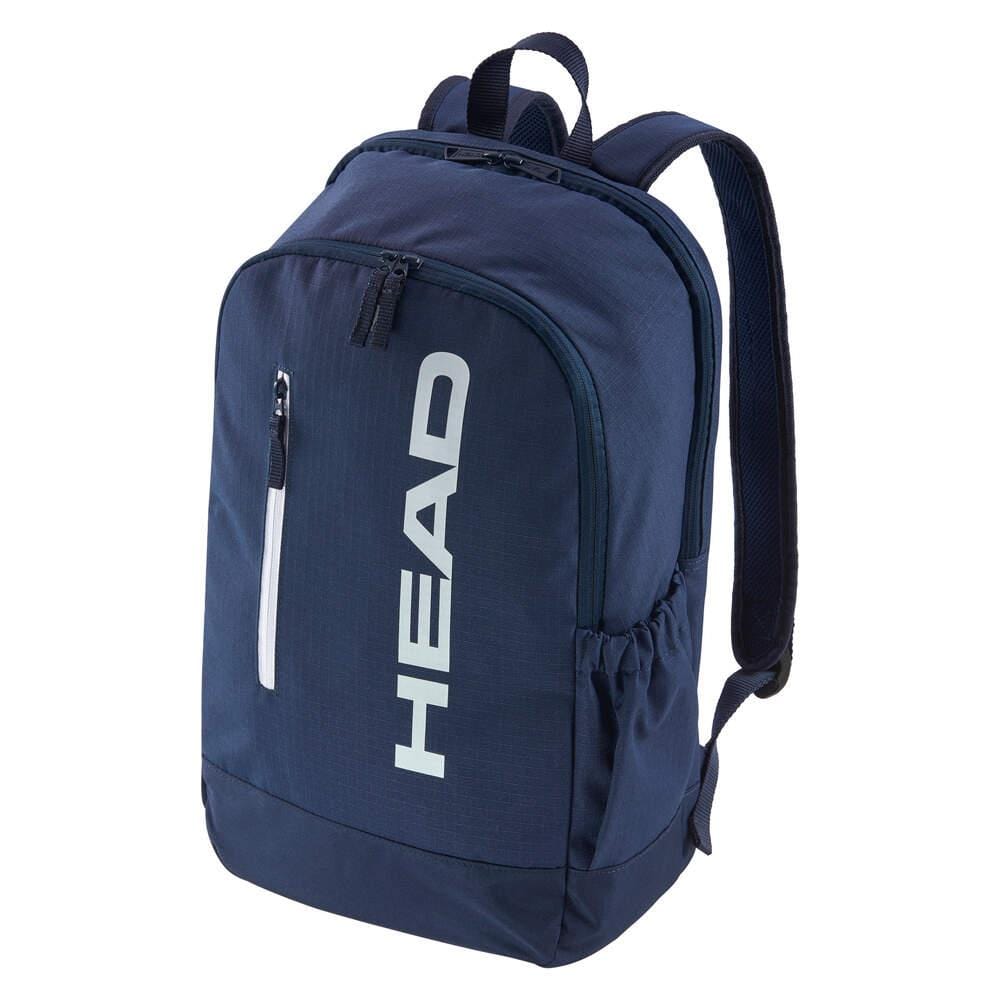 The HEAD BASE Tennis Backpack 17L - Navy by HEAD offers a fresh design with a racket compartment, front zip pocket, bold vertical "HEAD" logo, padded shoulder straps, and handy side pockets.