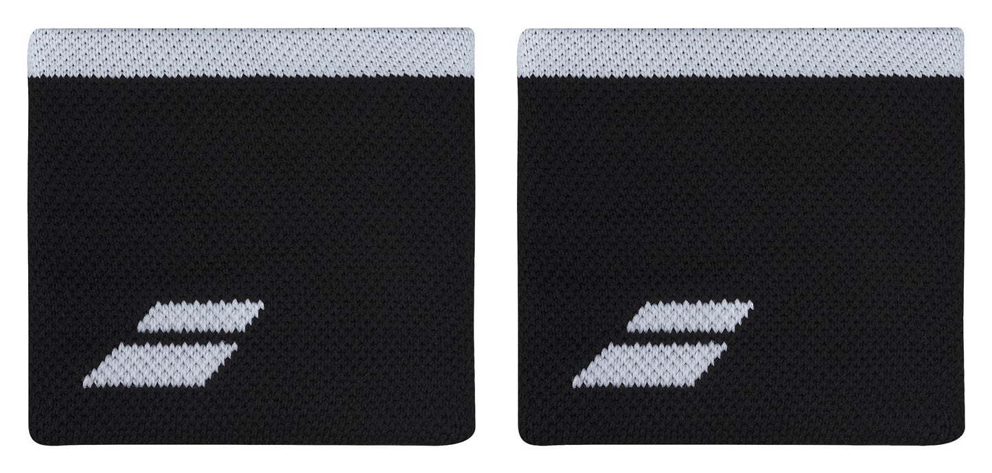 The Babolat Logo Wristband in black and white features a design with a white stripe at the top and two diagonal rectangles as its logo. These wristbands are absorbent, providing comfort during play.