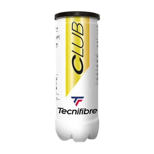 A tube of Tecnifibre Club Tennis Balls, featuring a vibrant yellow and white design and prominently displaying "CLUB," incorporates XD-Core technology from TecniLab for exceptional court performance.
