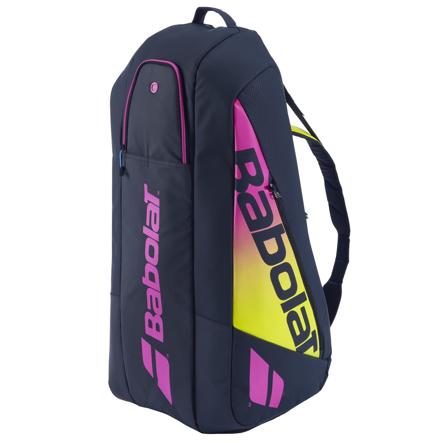 The Babolat RH6 Pure Aero Rafa II tennis bag by Babolat features a stylish blue exterior with bold pink and yellow accents on the logo. Tailored for advanced players, it includes multiple compartments, as well as a top handle and comfortable shoulder straps for easy transport.