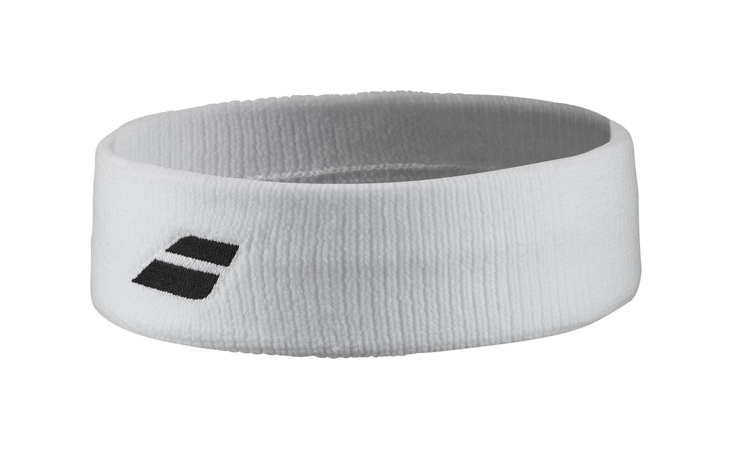 The Babolat Logo Tennis Headband in white features a simple black Babolat logo with two diagonal lines. Made from soft, stretchy polyester, it offers excellent sweat absorption for optimal comfort.