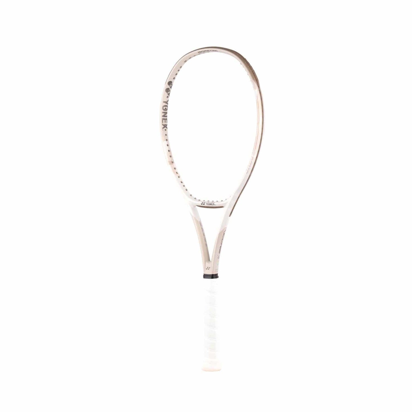 A Yonex VCORE 95 Tennis Racket in sand beige with a white grip stands upright against a white background. Its minimalistic design hides the strings, featuring the brand logo and name inside the frame. Engineered for spin and speed, it includes advanced ISOMETRIC™ technology.