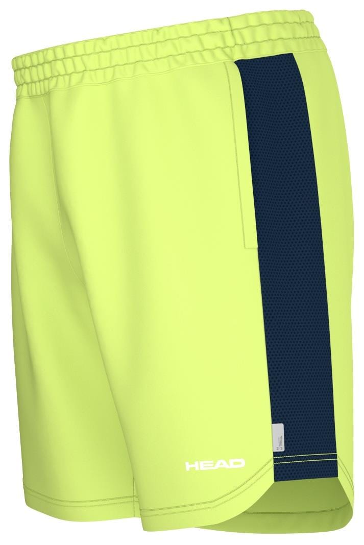 HEAD's Power Mens Tennis Shorts - LL are bright yellow with a dark blue side stripe, made from 4-way stretch fabric for optimal movement. Featuring an elastic waistband and the "HEAD" logo near the bottom, these shorts ensure style and comfort on or off the court.
