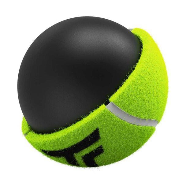 A black sphere partially enclosed in a green, textured shell, resembling a tennis ball and featuring XD-Core technology with a grey stripe and black text, is reminiscent of the Tecnifibre Club Tennis Balls - 4 Ball Tube by Tecnifibre, suggesting a sports-related product or concept.