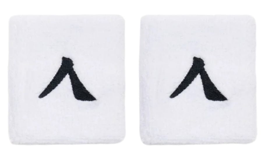 The Kanso 7cm Wristband 2 Pack in white, displayed on a white backdrop, are crafted from absorbent fabric and each features a black symbol at the center, capturing the brand's essence with their simple yet impactful design.