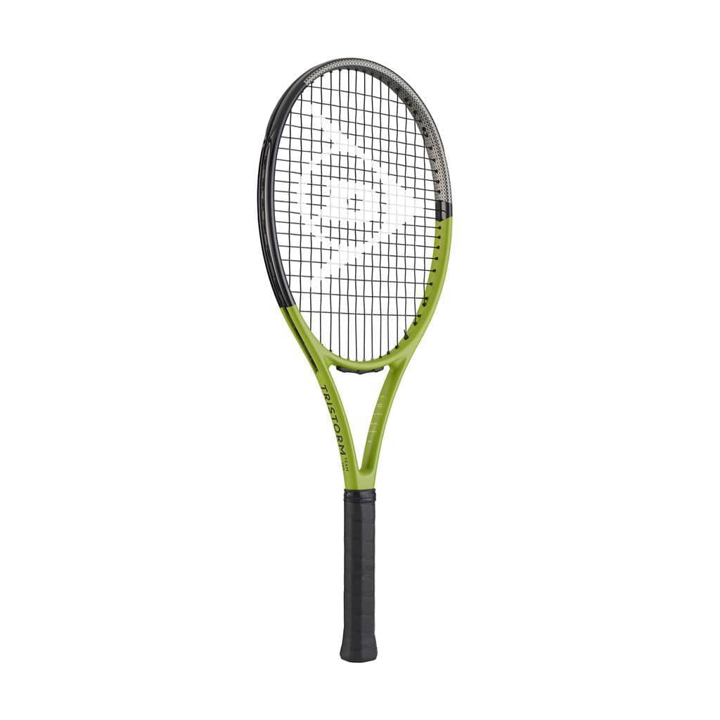 The Dunlop Tristorm Team 100 Tennis Racket, featuring a frame in lime, silver, and black colors with sleek black strings, showcases the distinctive logo at the center. Its handle is wrapped in a comfortable black grip, making it an ideal choice for beginners.