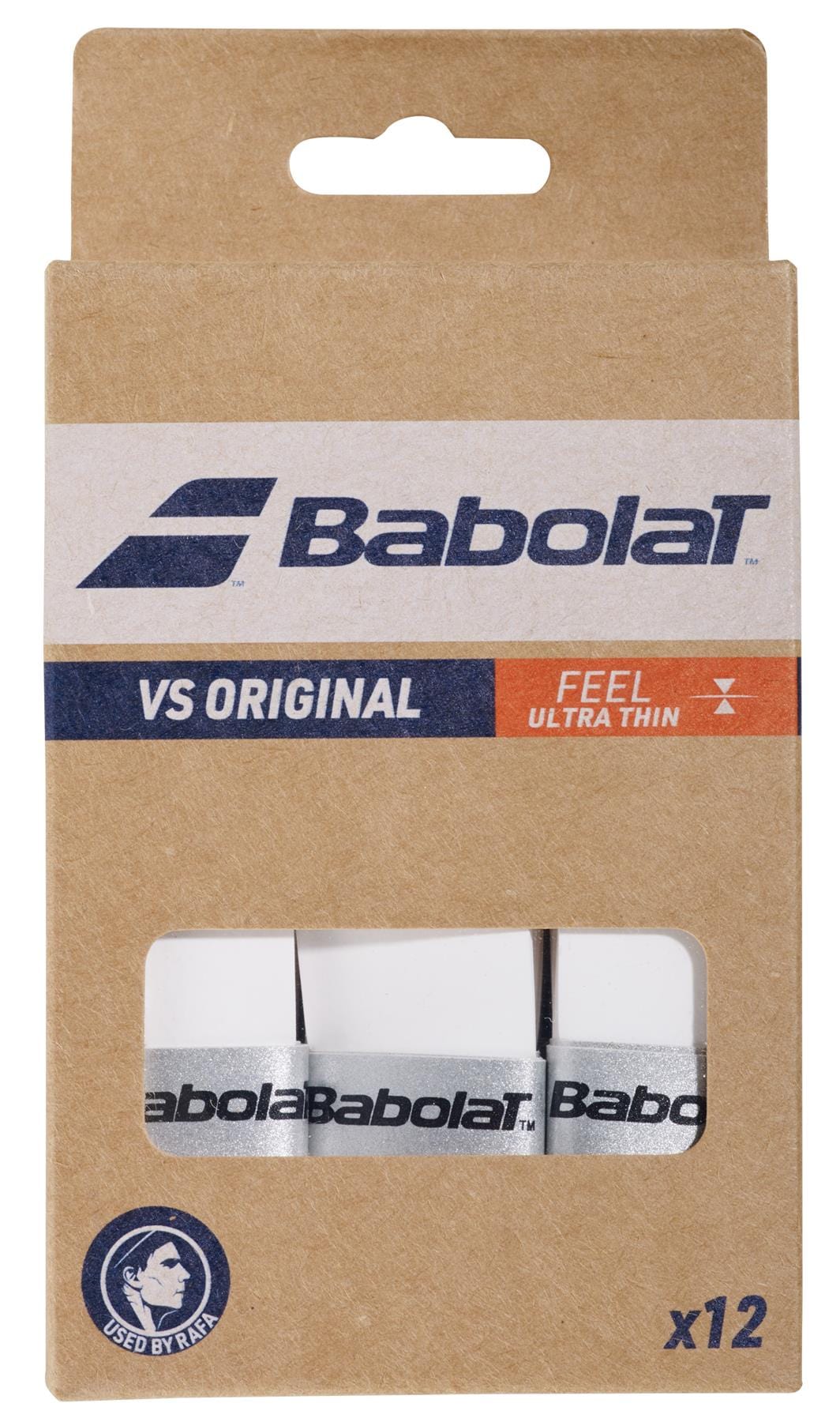 A beige Babolat package with blue and orange accents and logo contains 12 absorbent white VS Original ultra-thin tennis overgrips, visible through a section.