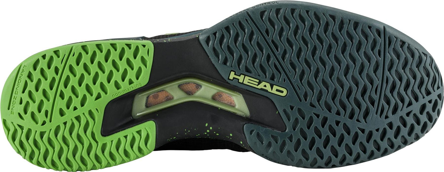 The image depicts the sole of the HEAD Sprint Pro SF Men's Tennis Shoes in black and forest green, showcasing a textured, non-slip pattern. It is equipped with a cushioned OrthoLite insole for optimal comfort, and features the brand name "HEAD" prominently displayed near the center in white lettering.