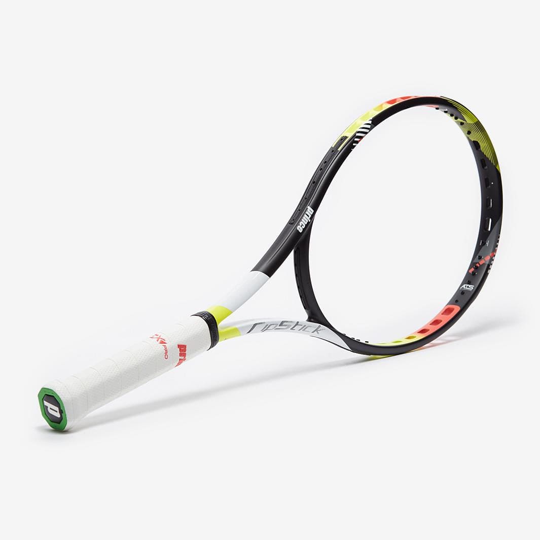 A Prince Ripstick 100 300g Tennis Racket with a black, red, and yellow frame rests on a white background. Its stringless design emphasizes its contemporary features and prominent branding on the shaft for ultimate power.