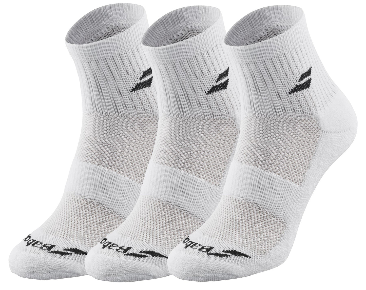 Displayed in a row are the Babolat Quarter 3 Pack Tennis Socks - White, each featuring black logos and ribbed cuffs. These socks provide comfort and support, with ventilated zones and mesh-like sections for optimal breathability.