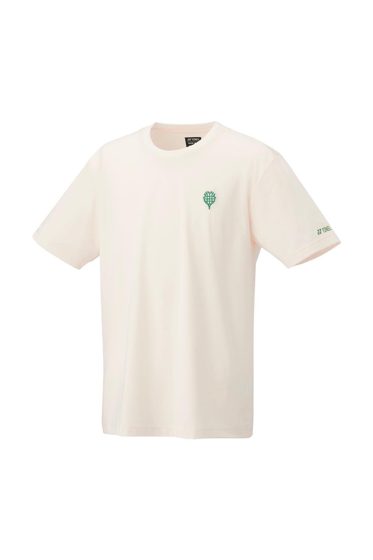 The Yonex Nature Series 16702 T-Shirt in Off White, made from recycled polyester, boasts a small green pine tree graphic on the left chest and a discreet logo on the left sleeve. Its UV reduction feature ensures it blends style with sustainability for any casual outing.