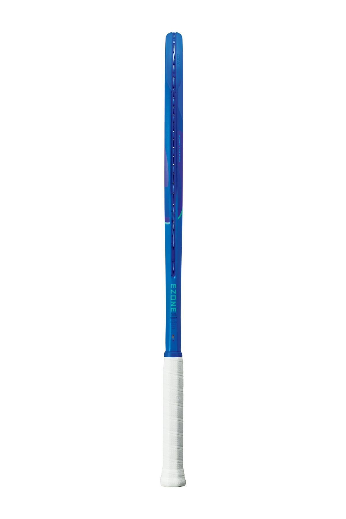The Yonex EZONE 100L 2025 Tennis Racket in Blast Blue flaunts a sleek design with a white grip and "EZONE" branding on the frame. Positioned vertically against a plain white background, it features advanced 2G-Namd Speed technology and Vibration Dampening Mesh for optimal performance.