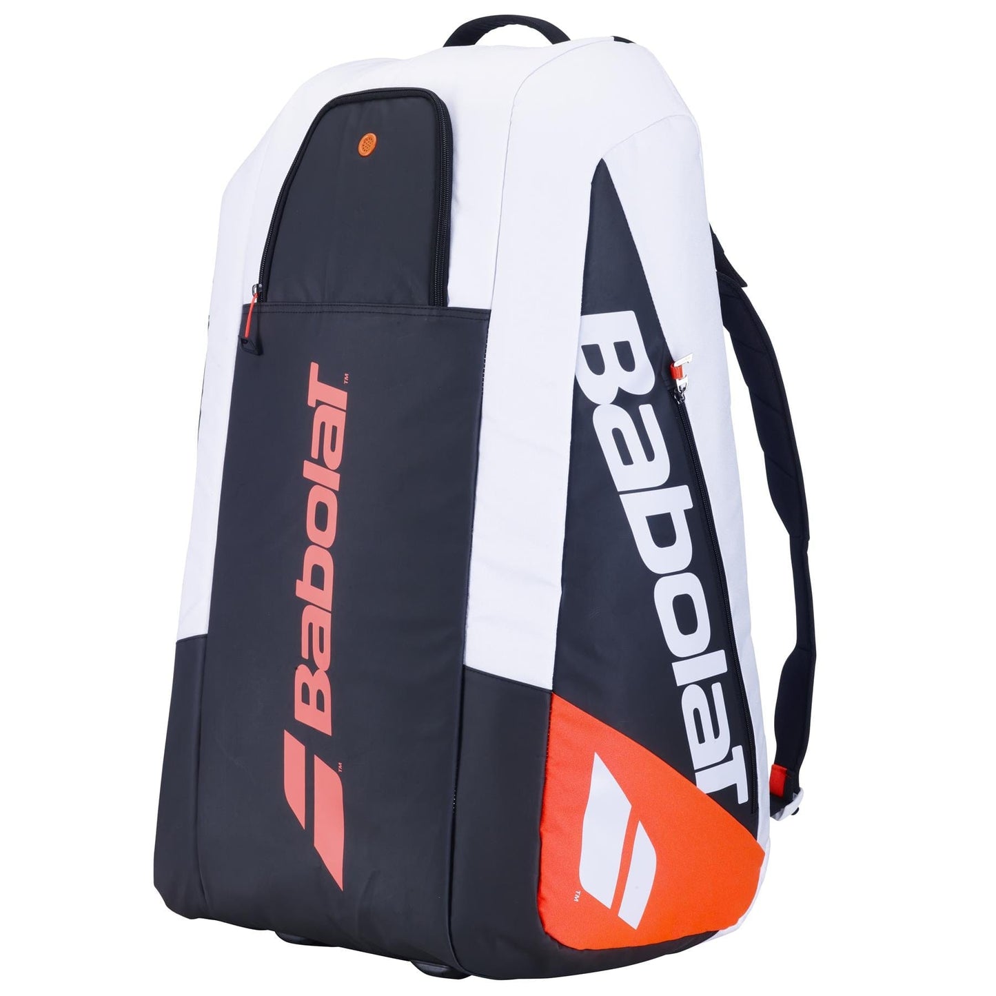 The Babolat RH12 Pure Strike 4th Gen 12 Racket Tennis Bag, showcasing a sleek design in white, black, and red colors, is crafted from recycled polyester. It prominently features "Babolat" with stylish text and includes isothermal material for temperature control. This bag offers multiple compartments and sturdy straps for both convenience and style.