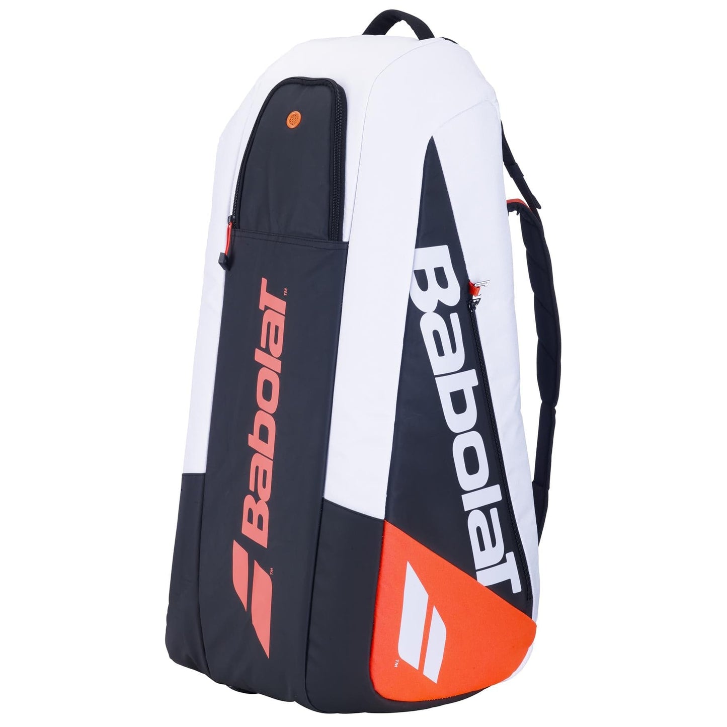 The Babolat RH6 Pure Strike 4th Gen 6 Racket Tennis Bag features an isothermal build and comes in a sleek combination of white and black, highlighted by bold red accents. Its innovative design prominently displays the Babolat logo, providing players with both style and practicality.