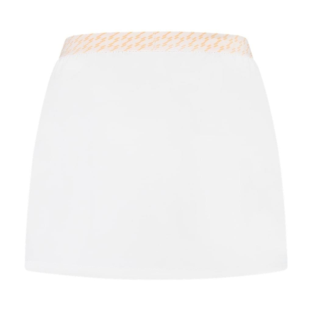The K-Swiss Hypercourt Women's Tennis Skirt 5 in white is an A-line mini skirt that features an elastic waistband, a subtle yellow zigzag pattern, and is crafted with 4-Way Density Stretch for added comfort.