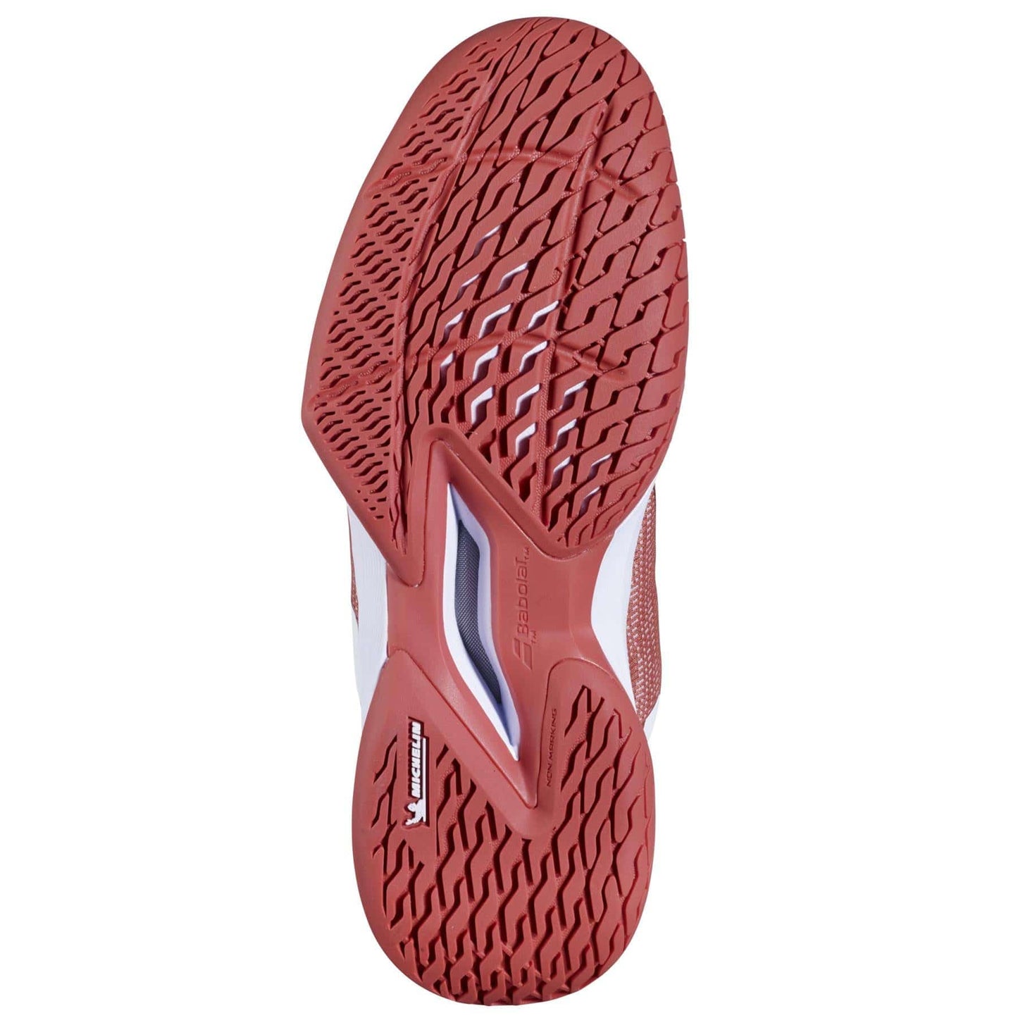 The image shows the textured sole of the Babolat Jet Tere 2 Womens Tennis Shoes in Terra Cotta, featuring a patterned tread that offers comfort and stability with every step.