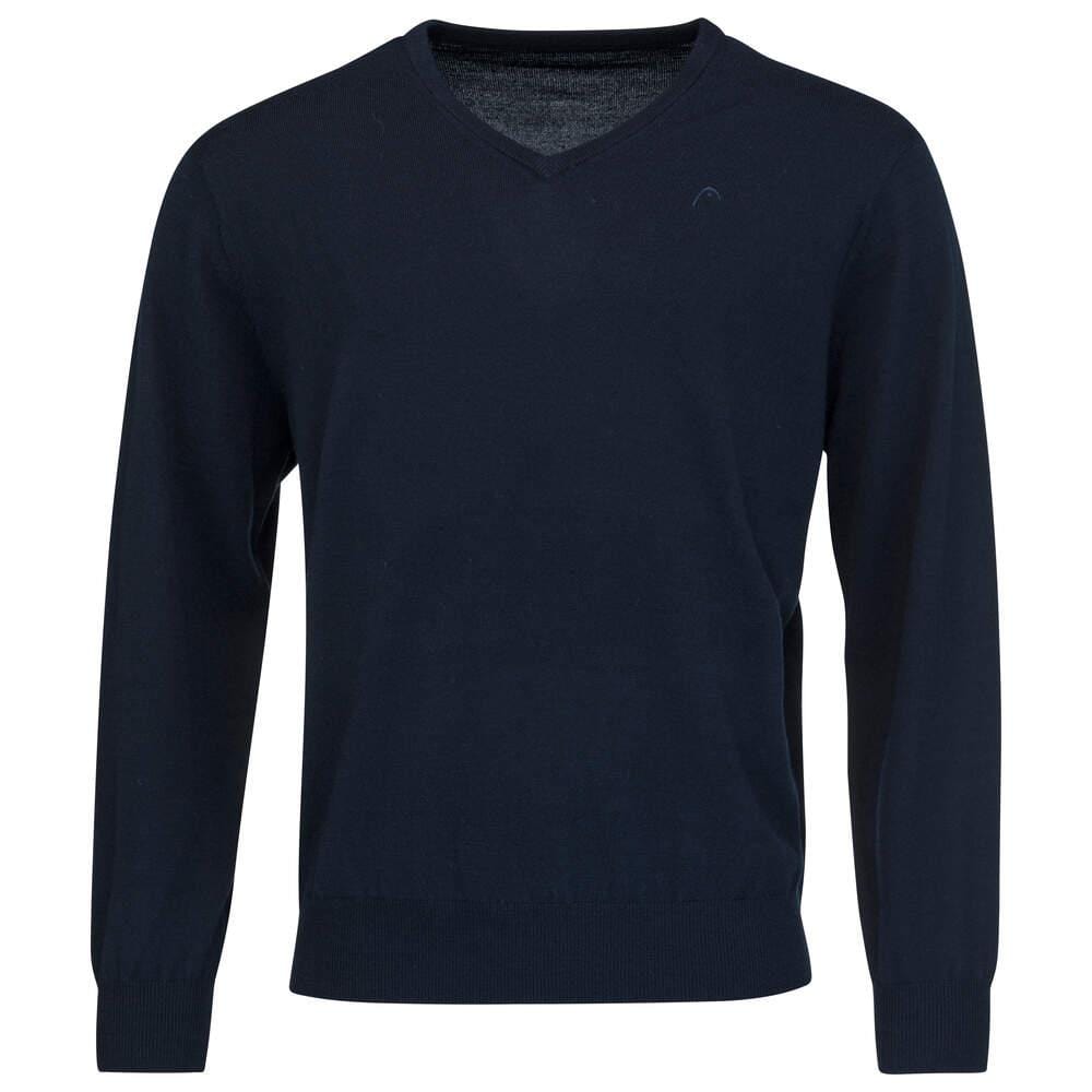 A dark blue, V-neck sweater with long sleeves, made from Merino wool, showcased against a plain background. This HEAD Men's Pullover Jumper features a timeless and classic design, perfect for both casual and semi-formal events.