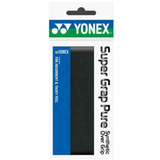 The Yonex AC108EX Super Grap Pure Overgrip (Single) in Black offers an absorbent grip designed for a tacky feel. The packaging is predominantly white with blue and green accents, highlighting the product details and the Yonex brand.
