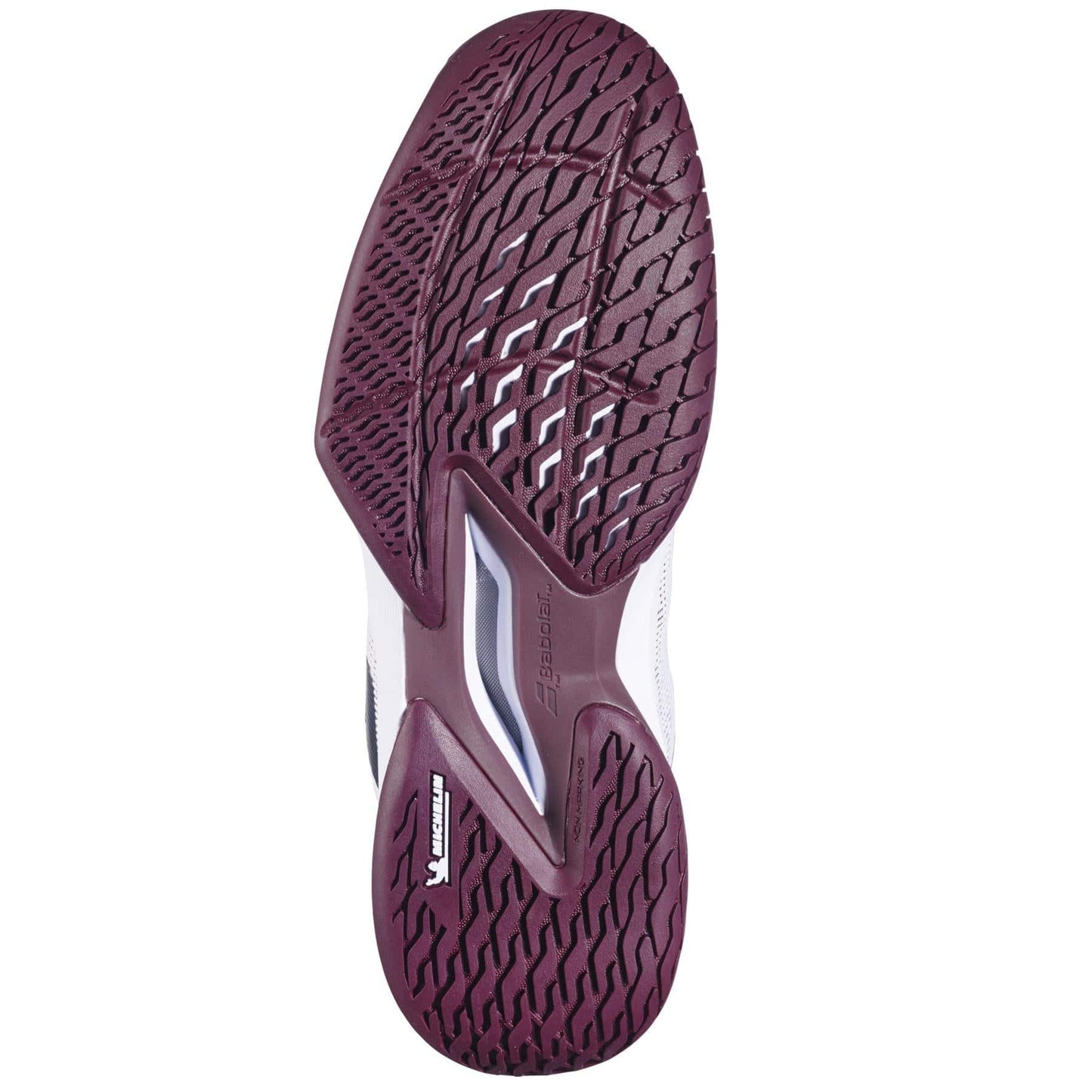 The image shows the burgundy sole of Babolat Jet Tere 2 Men's Tennis Shoes, featuring detailed tread for grip and flexibility, with visible Babolat branding and a textured, ultra-lightweight design.