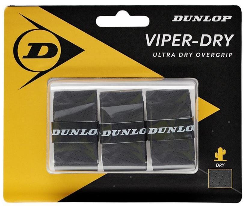 The Dunlop Viper-Dry Tennis Overgrip - 3 Pack - Black comes in packaging that highlights its extreme durability and contains three black overgrips. The design incorporates a yellow and black color scheme, complete with the brand's logo and a cactus icon, representing superior moisture absorption for a dry grip.