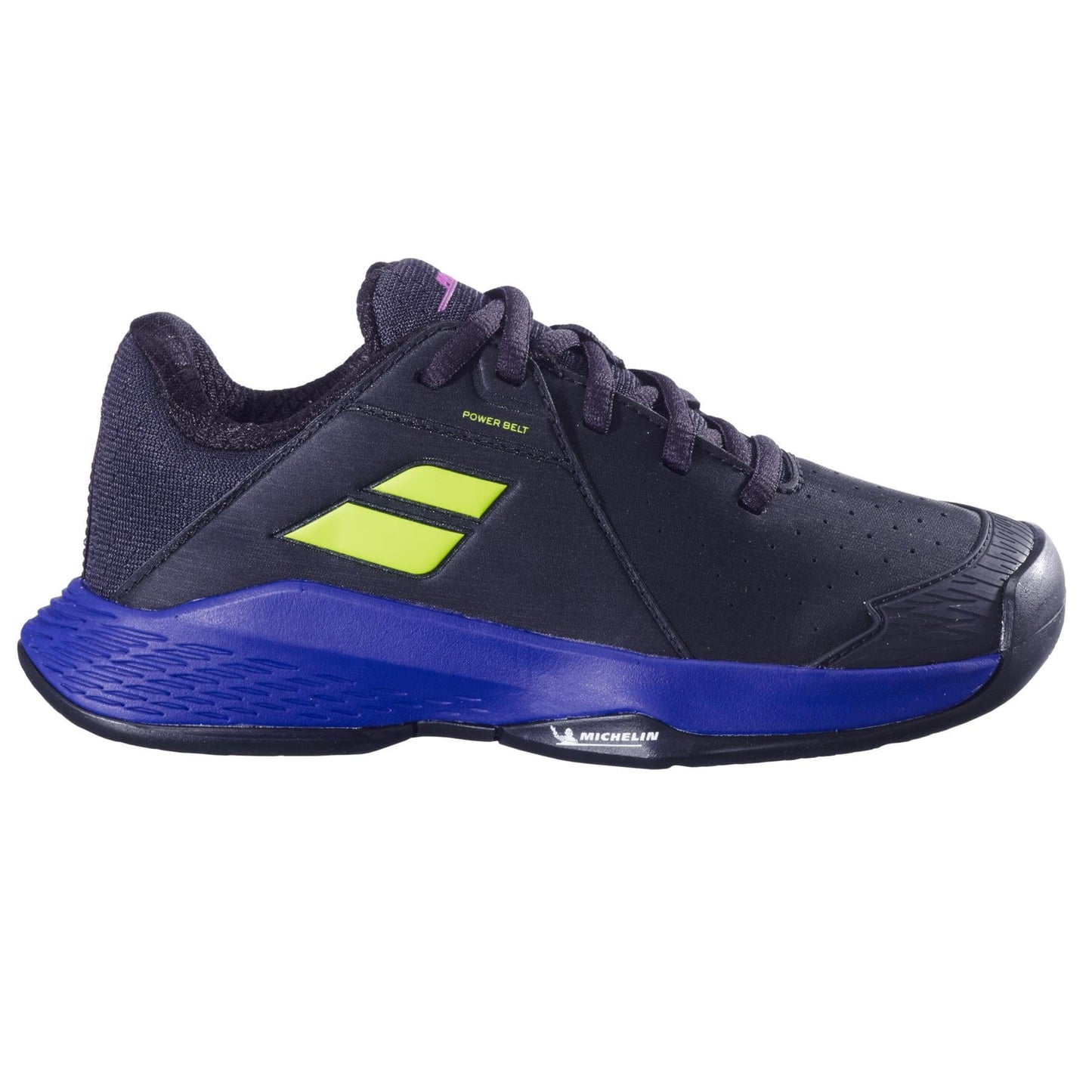The Babolat Propulse Junior 3 Boys Tennis Shoes in black and dark blue feature a bright green logo, purple accents, blue sole, black laces, textured heel, and a durable Michelin outsole—ideal for sports or active wear.