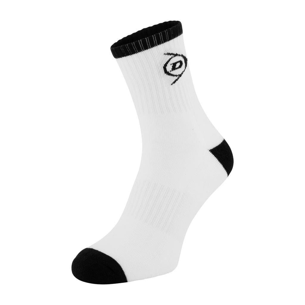Introducing the Dunlop Performance Men's Sports Socks (2 Pack) - UK6-11: These socks combine a streamlined design with stylish black accents on the toe, heel, and cuff. Each white athletic sock is adorned with a black Dunlop logo on the side, offering both style and functionality for your active lifestyle.