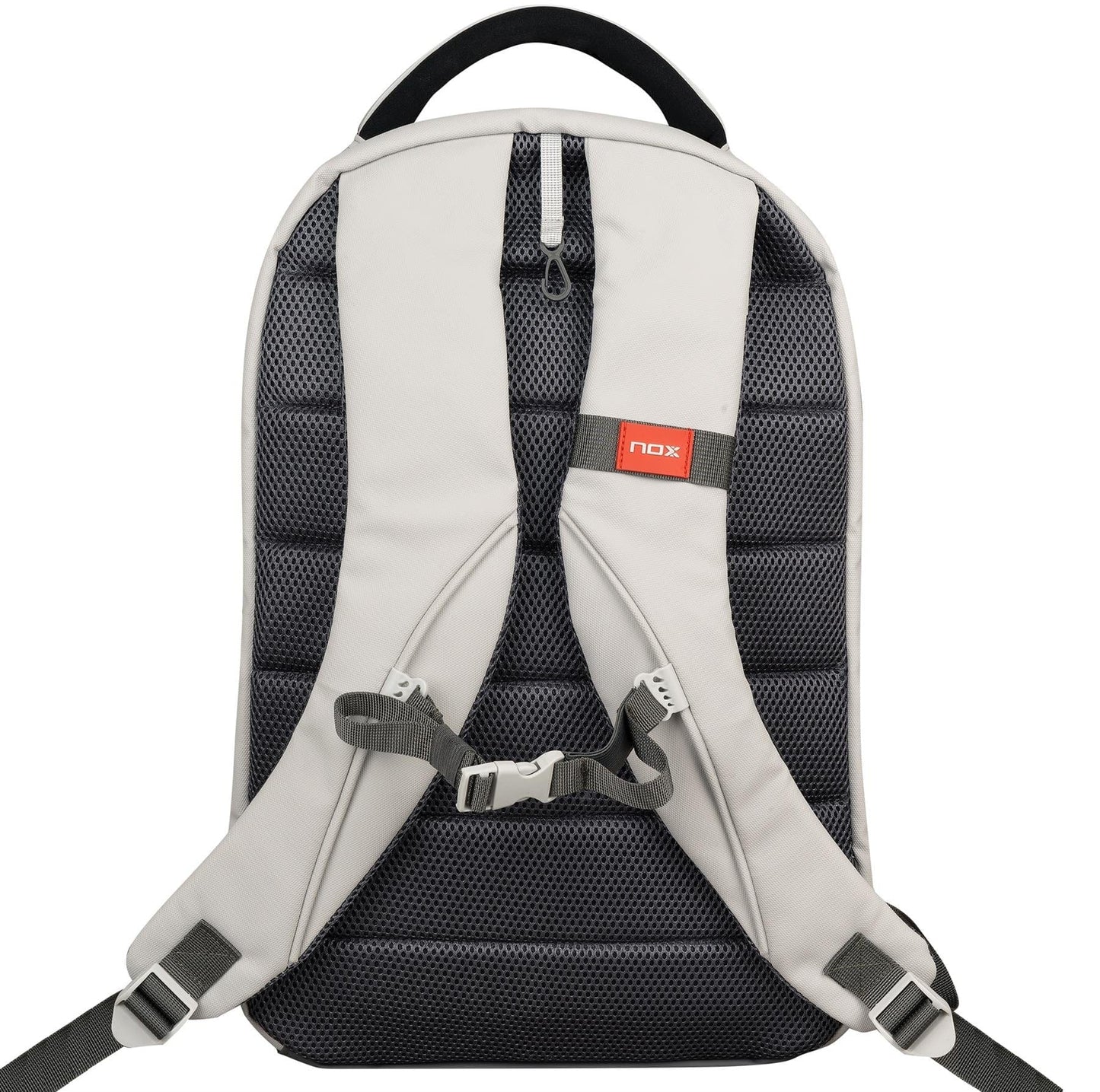 A cream NOX Pro Pickleball Backpack by NOX is shown from the back, featuring ergonomic padded straps with ThermoTech technology, a sternum strap, carrying handle, and a small red label on the upper right strap.