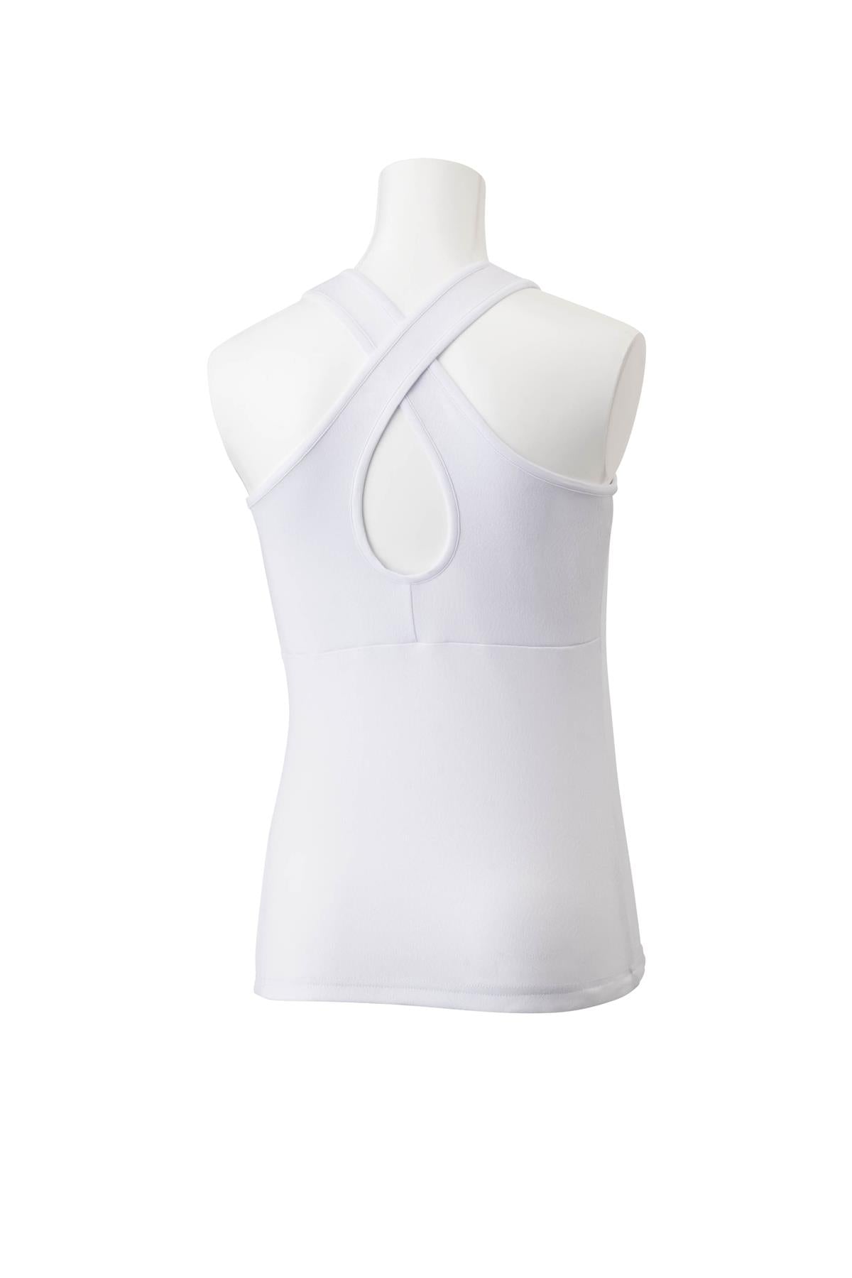 On a white mannequin is the Yonex 20760 Women's Tennis Tank Top, displaying the back view of this performance tournament piece with its racerback design. Made from moisture-wicking fabric, this sleeveless top combines comfort with style.