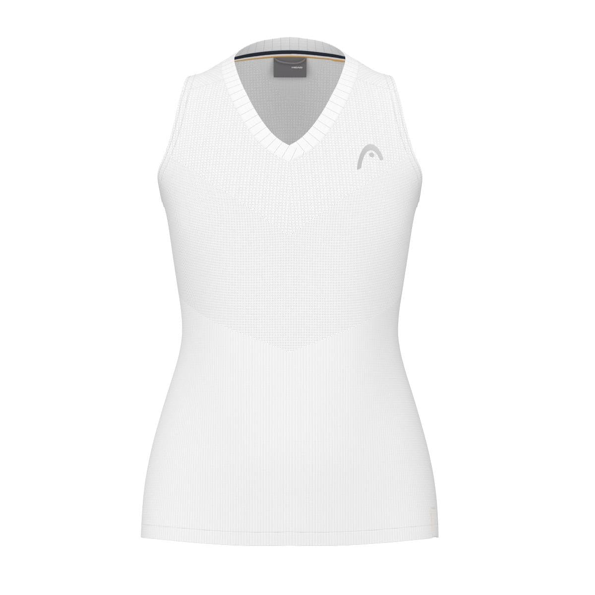 Introducing the HEAD Performance Women's Tennis Tank Top in white, featuring a sleeveless design with a V-neckline and a subtle logo on the upper left side. This sportswear piece from HEAD is crafted with moisture transfer technology, ensuring lightweight fabric that's ideal for sports or exercise.