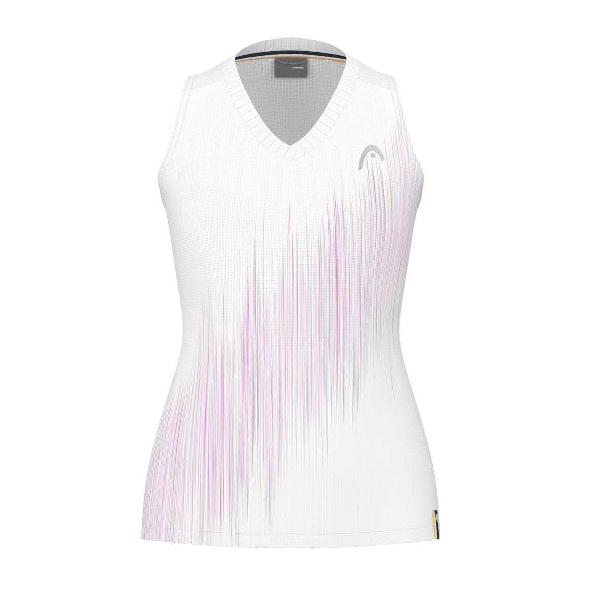 HEAD's Performance Women's Tennis Tank Top - VPXR is a white sleeveless top that showcases a V-neck design with a gradient pattern of thin vertical stripes in pink and purple hues. It incorporates Moisture Transfer Microfibre technology for optimal breathability and features a subtle HEAD branding logo on the chest.