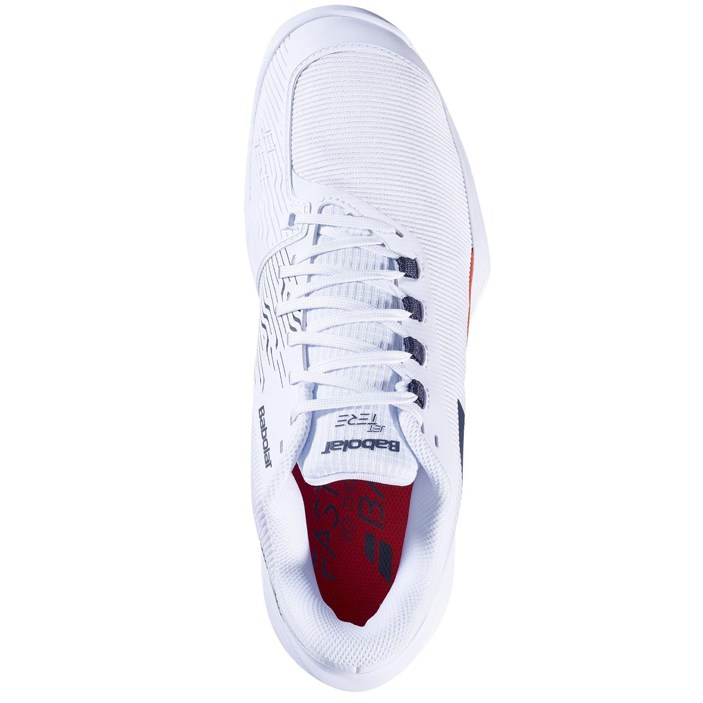 The Babolat Jet Tere 2 2024 Men's Tennis Shoes in White and Strike Red feature an ultra-lightweight design with a mesh upper, subtle stitching details, and a red interior. Seen from above, the athletic sneakers display neatly tied laces, embodying comfort and stability with Babolat branding and a sleek, streamlined appearance.