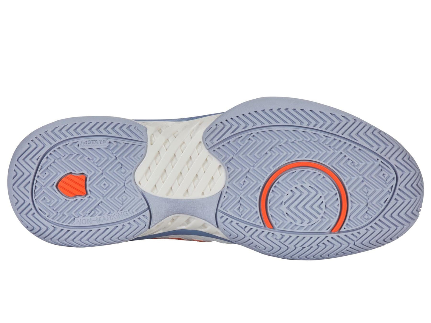 The image displays the sole of K-Swiss Hypercourt Express 2 Men's Tennis Shoes in White/Scarlet Ibis, featuring a geometric tread pattern in light blue with orange accents, including a circle and wavy line, plus central white details for breathable comfort and a lightweight design.