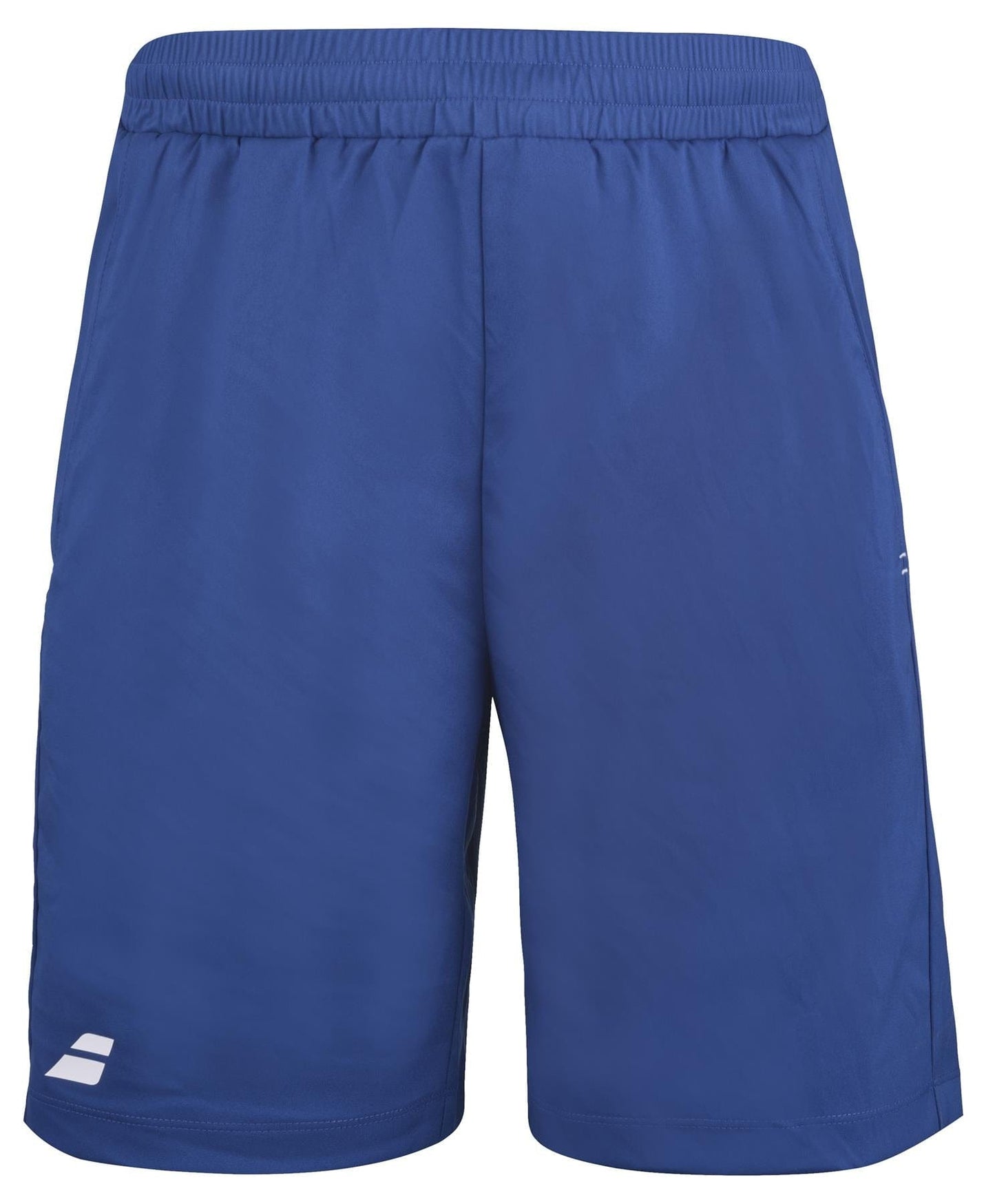 The Babolat Play Men's Tennis Shorts in Sodalite Blue feature a 360 Motion design with an elastic waistband. Made from recycled polyester fabric, they boast a small white logo on the left leg near the hem, seamlessly blending style and sustainability for active wear.